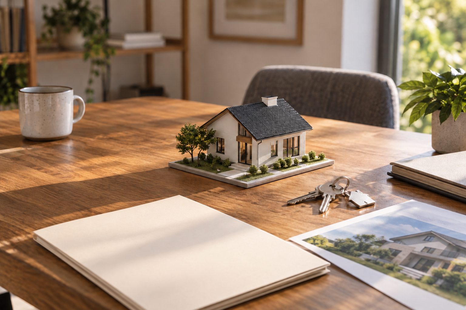 Análisis de una participación inmobiliaria Maqueta de una casa, llaves y carpeta lisa sobre una mesa para estudiar una operación inmobiliaria