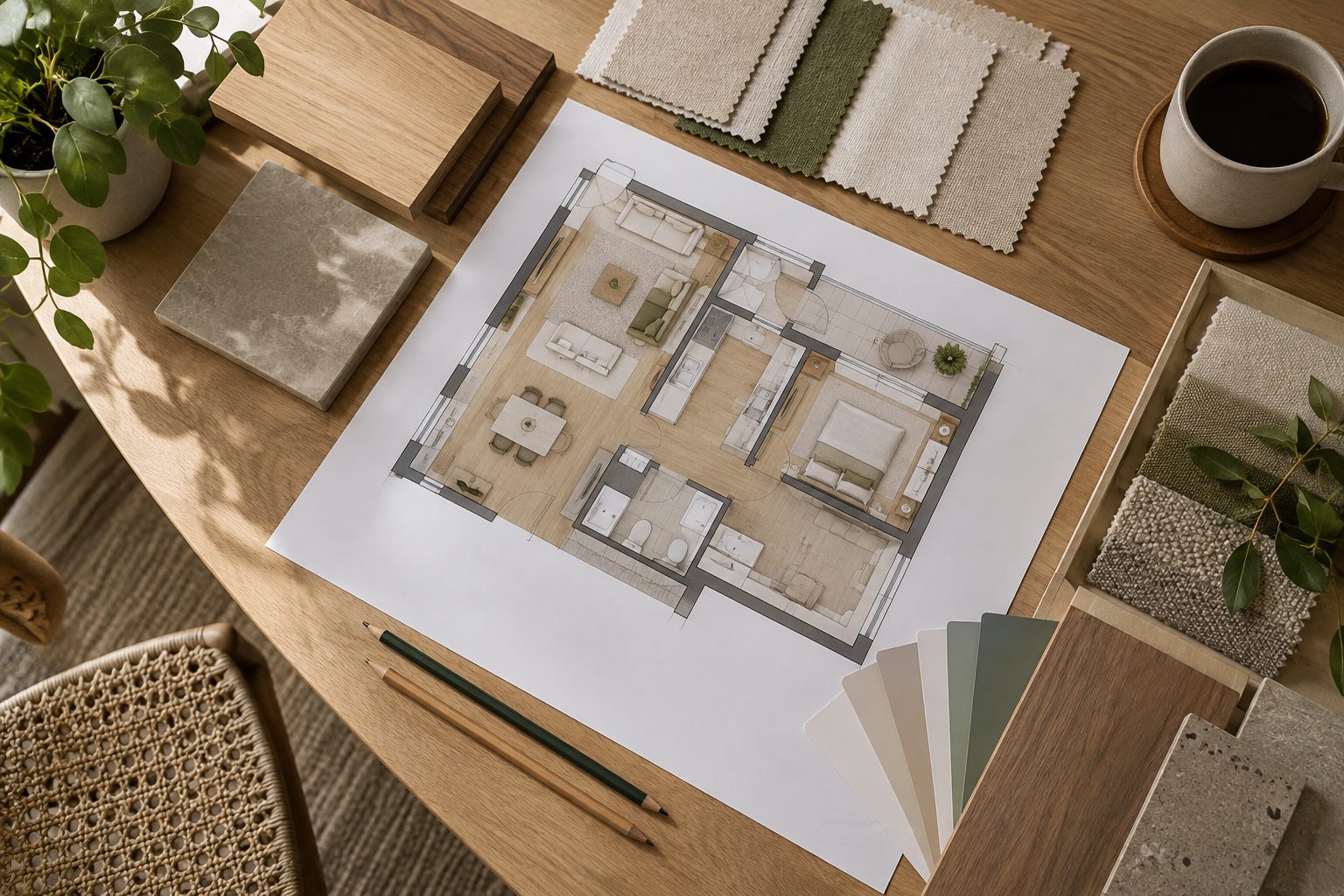 Plano de distribución de una vivienda junto a muestras de madera, piedra y tejidos