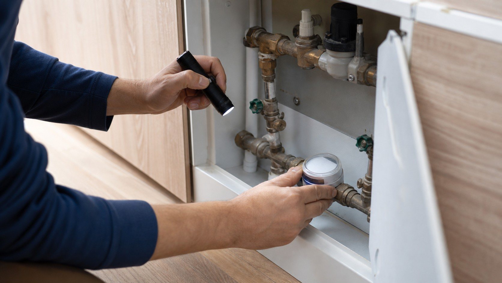 Fuga de agua en casa: cómo localizarla sin romper a ciegas — Imagen 1 Persona revisando el contador de agua de una vivienda con una linterna