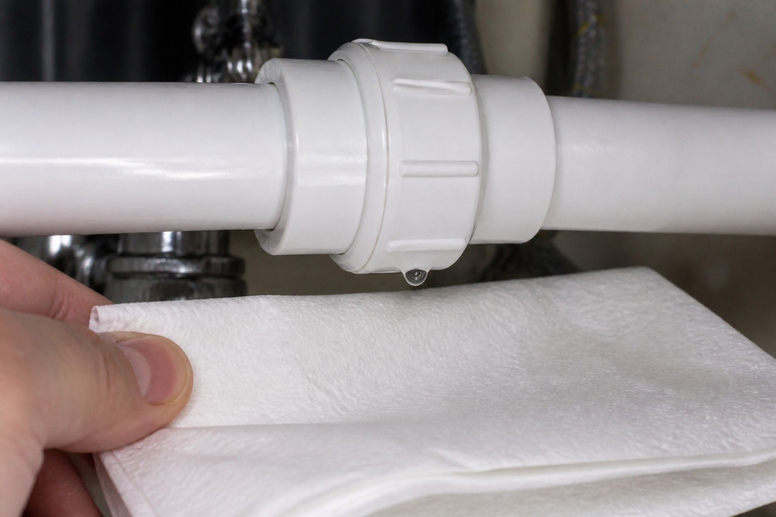 Papel absorbente colocado bajo una unión de tubería para comprobar una fuga mínima