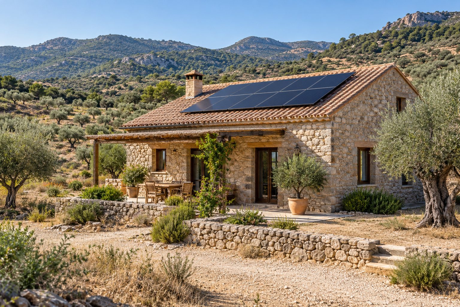Casa rural de piedra con paneles solares en la cubierta, rodeada de olivos y colinas.